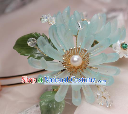 Chinese Handmade Ming Dynasty Hairpin Traditional Ancient Princess Blue Chrysanthemum Hair Stick