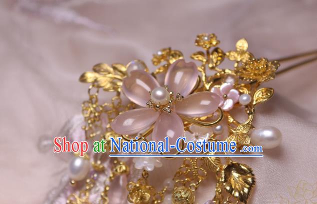 Chinese Handmade Pink Sakura Hairpin Traditional Ancient Princess Moonstone Hair Stick Headwear