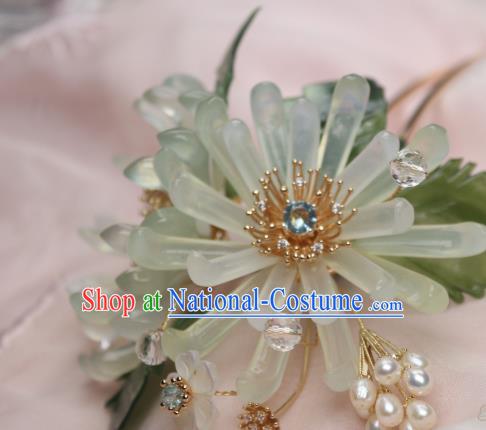 Chinese Handmade Crystal Pearls Hairpin Traditional Ancient Princess Green Chrysanthemum Hair Stick