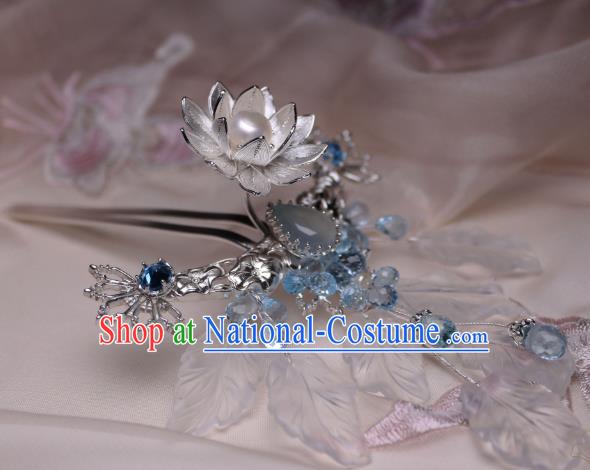 Chinese Handmade White Chalcedony Hairpin Traditional Ancient Princess Argent Lotus Hair Comb