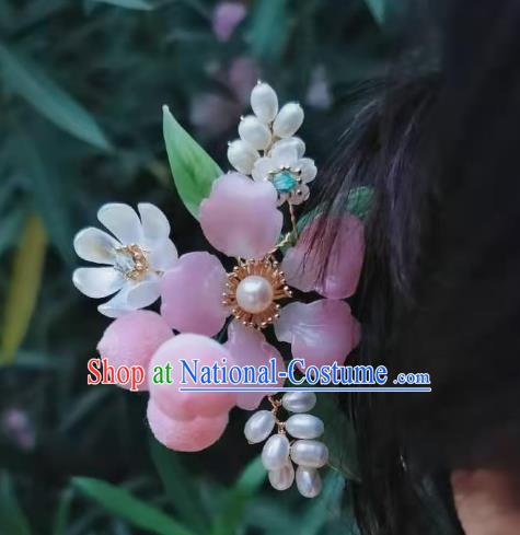 Chinese Handmade Peach Flower Hairpin Traditional Ancient Princess Pearls Hair Stick