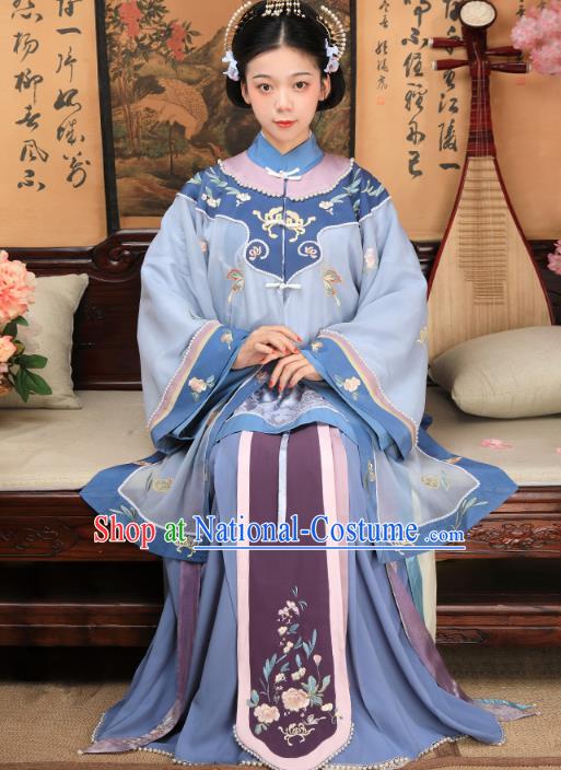 China Ancient Landlord Consort Blue Dress Garment Traditional Qing Dynasty Rich Female Clothing