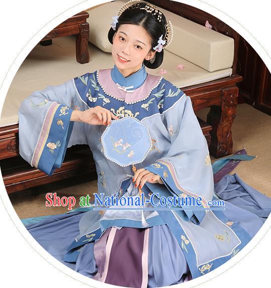 China Ancient Landlord Consort Blue Dress Garment Traditional Qing Dynasty Rich Female Clothing