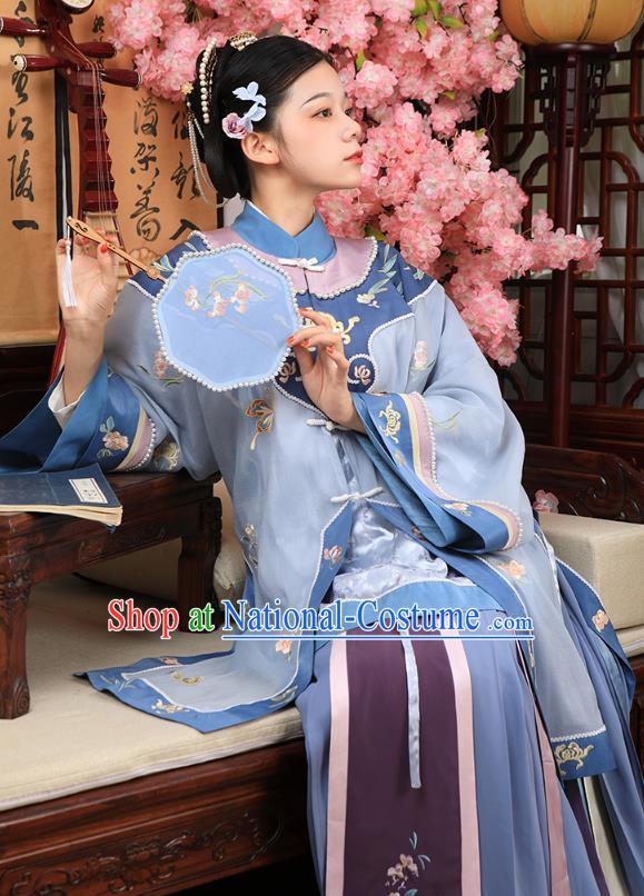 China Ancient Landlord Consort Blue Dress Garment Traditional Qing Dynasty Rich Female Clothing