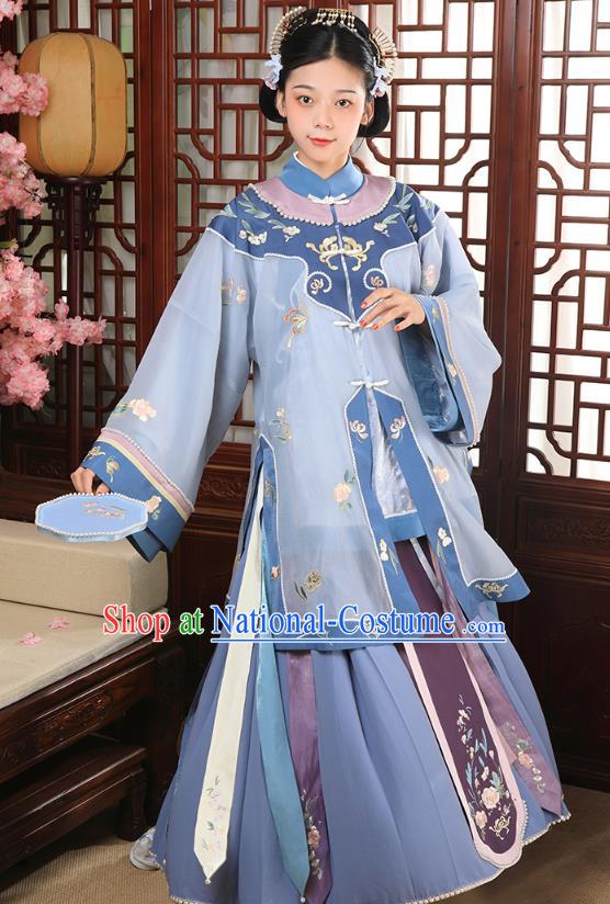 China Ancient Landlord Consort Blue Dress Garment Traditional Qing Dynasty Rich Female Clothing