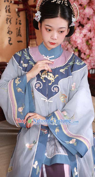 China Ancient Landlord Consort Blue Dress Garment Traditional Qing Dynasty Rich Female Clothing