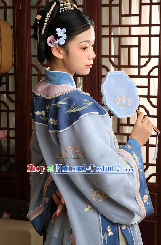 China Ancient Landlord Consort Blue Dress Garment Traditional Qing Dynasty Rich Female Clothing