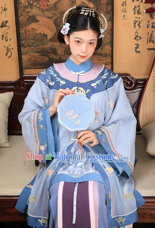 China Ancient Landlord Consort Blue Dress Garment Traditional Qing Dynasty Rich Female Clothing