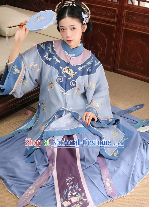 China Ancient Landlord Consort Blue Dress Garment Traditional Qing Dynasty Rich Female Clothing