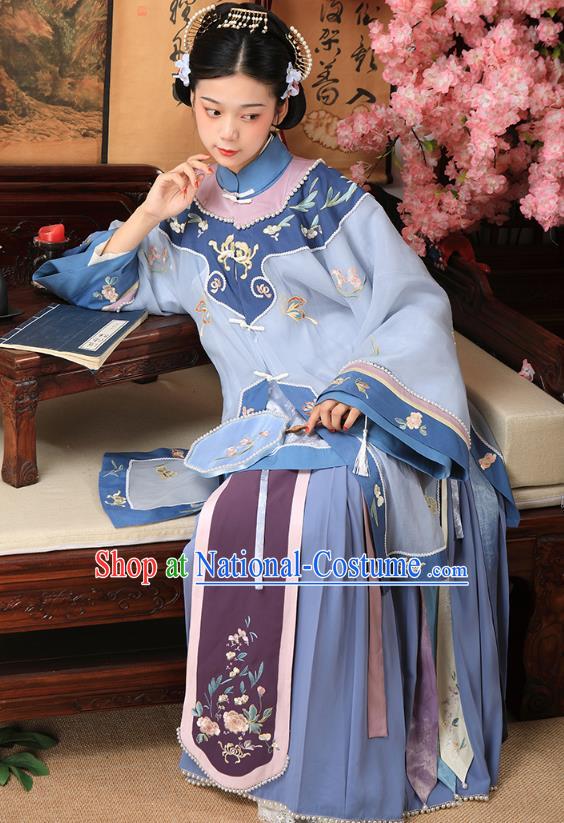 China Ancient Landlord Consort Blue Dress Garment Traditional Qing Dynasty Rich Female Clothing