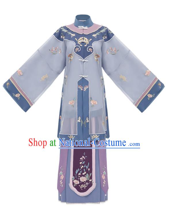 China Ancient Landlord Consort Blue Dress Garment Traditional Qing Dynasty Rich Female Clothing