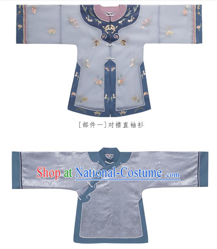 China Ancient Landlord Consort Blue Dress Garment Traditional Qing Dynasty Rich Female Clothing