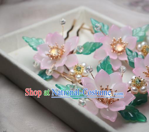 Chinese Handmade Pink Epiphyllum Hair Stick Traditional Ancient Princess White Chalcedony Hairpin