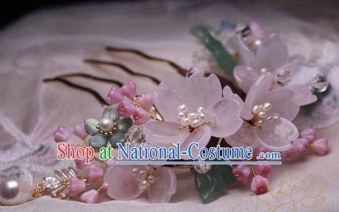 Chinese Handmade Sakura Hair Comb Traditional Ancient Princess Rose Quartz Hairpin Headwear