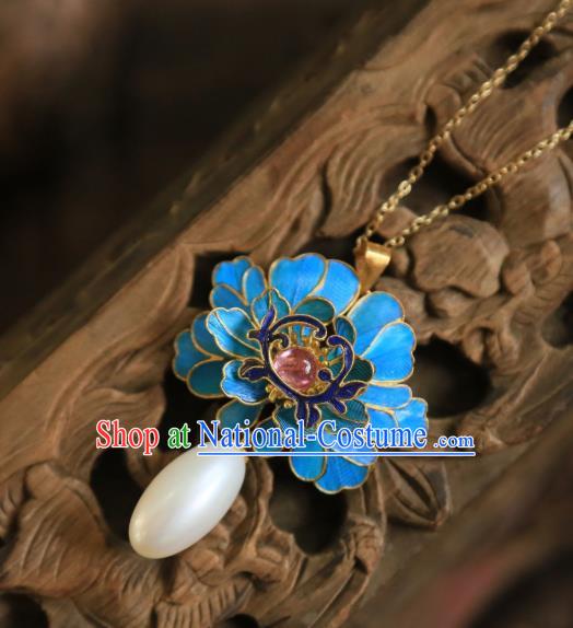 China Traditional Cloisonne Peony Necklace Jewelry Accessories Qing Dynasty Pearls Tourmaline Necklet Pendant