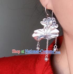 China Traditional Cheongsam Ear Accessories National Silver Carving Lotus Earrings