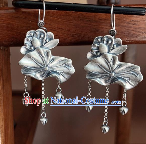 China Traditional Cheongsam Ear Accessories National Silver Carving Lotus Earrings