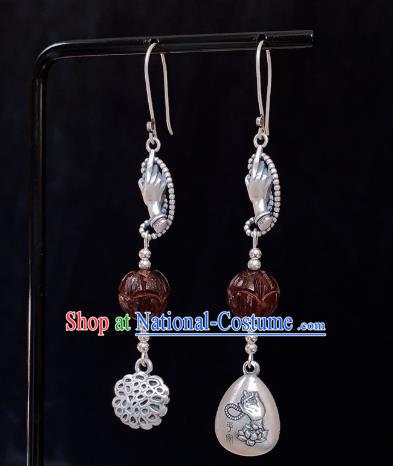 China National Carving Silver Earrings Traditional Cheongsam Rosewood Lotus Ear Accessories