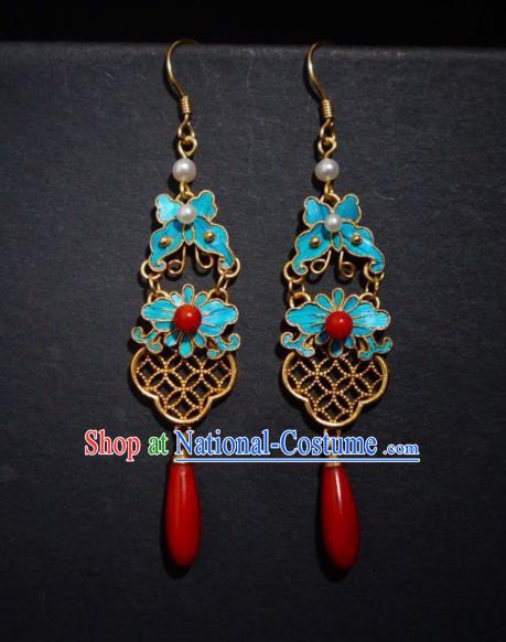 Chinese Ancient Qing Dynasty Butterfly Ear Accessories Traditional Agate Earrings Culture Jewelry