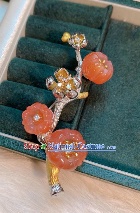 Handmade Chinese National Silver Breastpin Traditional Agate Plum Blossom Brooch Accessories