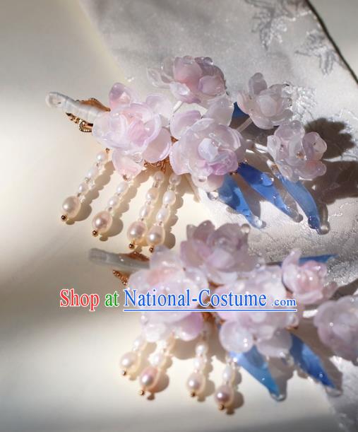 China Traditional Ming Dynasty Princess Pink Flowers Hairpin Classical Hair Accessories Hanfu Pearls Tassel Hair Stick