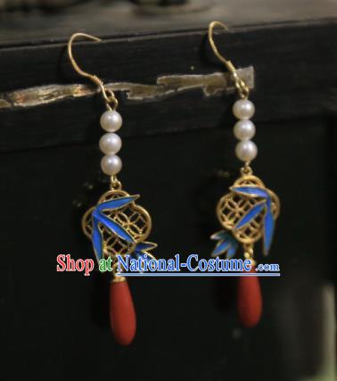 Handmade Chinese Agate Ear Accessories Traditional Culture Jewelry Cheongsam Blueing Bamboo Leaf Earrings