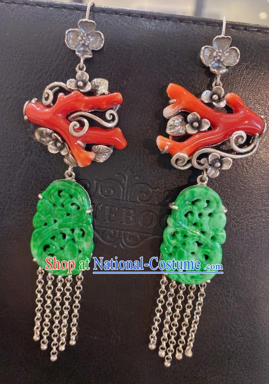 China Classical Red Branch Earrings Traditional Handmade Jade Carving Silver Tassel Ear Accessories