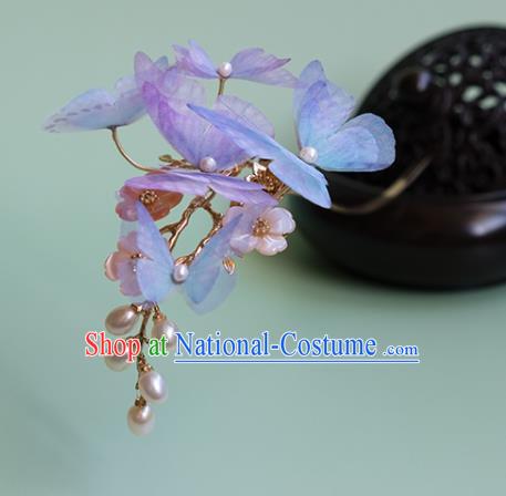 China Traditional Ming Dynasty Princess Hair Accessories Handmade Lilac Silk Butterfly Hairpin