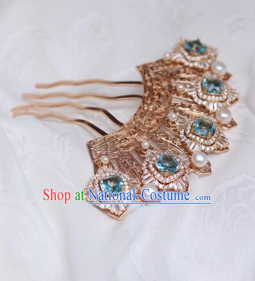 China Traditional Ming Dynasty Princess Hairpin Classical Hanfu Blue Zircon Hair Comb