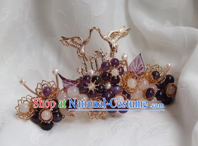 China Traditional Ming Dynasty Golden Crane Hairpin Classical Amethyst Plum Hair Crown