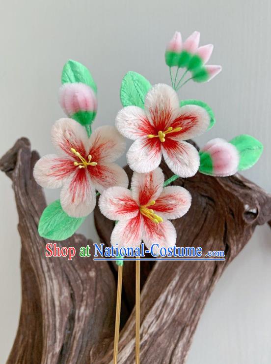 China Classical Velvet Peach Blossom Hairpin Traditional Qing Dynasty Palace Lady Flower Hair Stick