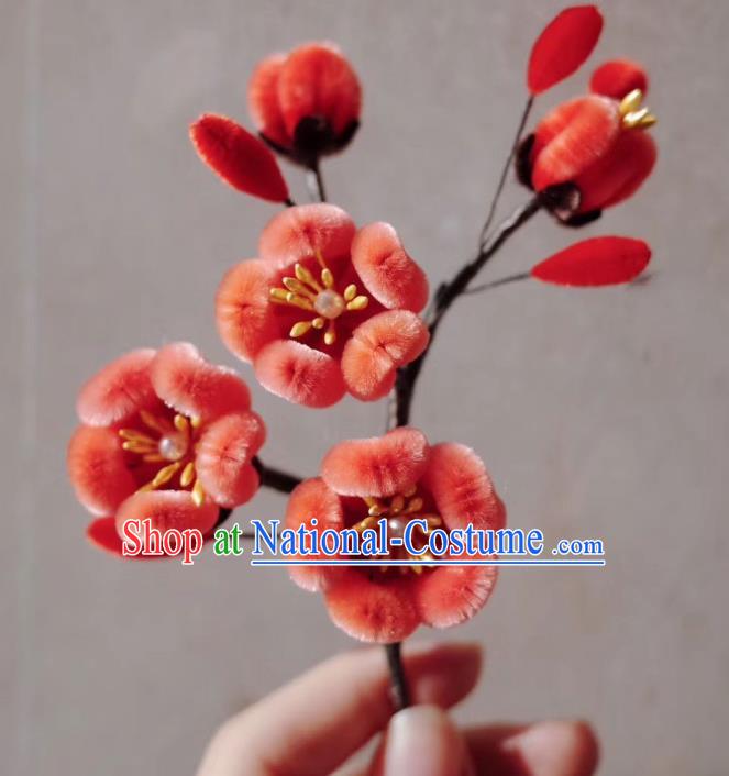 China Traditional Qing Dynasty Palace Lady Flower Hair Stick Classical Red Velvet Plum Blossom Hairpin