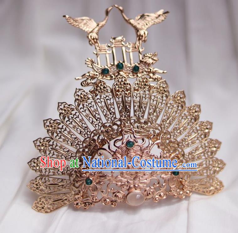 China Ancient Princess Hair Comb Traditional Ming Dynasty Golden Crane Hair Crown