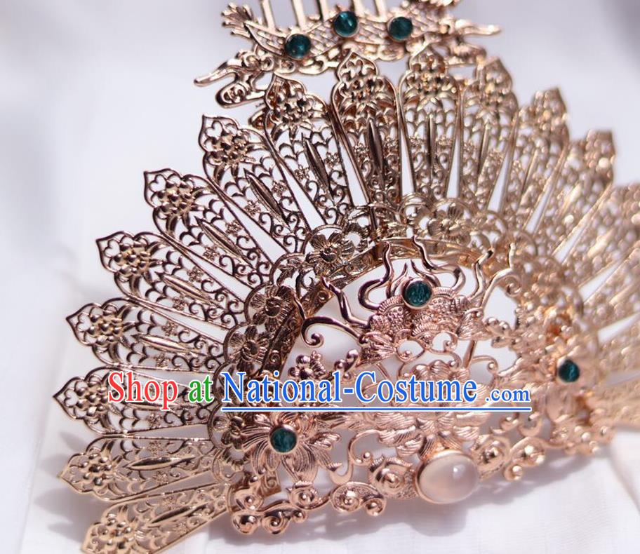 China Ancient Princess Hair Comb Traditional Ming Dynasty Golden Crane Hair Crown