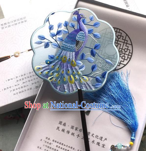 Chinese Handmade Silk Fan Traditional Suzhou Embroidered Peacock Palace Fan Classical Dance Fan