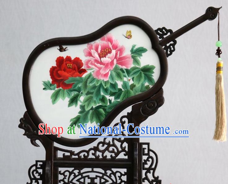 Chinese Traditional Suzhou Embroidered Peony Table Screen Handmade Rosewood Gourd Desk Decoration