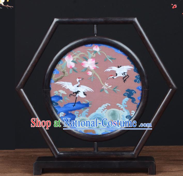 Chinese Traditional Suzhou Embroidery Crane Desk Screen Handmade Wenge Table Decoration