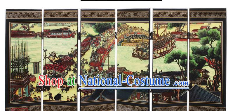 Chinese Handmade Lacquerware Table Screen Decoration Traditional Printing Riverside Scene at Qingming Festival Folding Screen