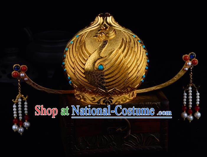 China Ancient Court Beauty Phoenix Coronet Handmade Traditional Tang Dynasty Palace Princess Golden Hair Crown