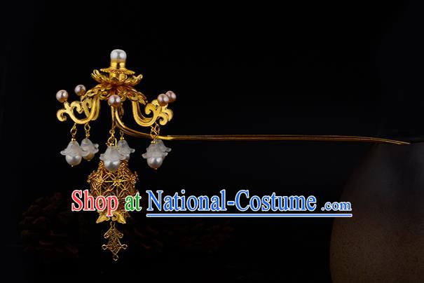 China Ancient Empress Pearls Tassel Hairpin Handmade Traditional Ming Dynasty Palace Lantern Hair Stick