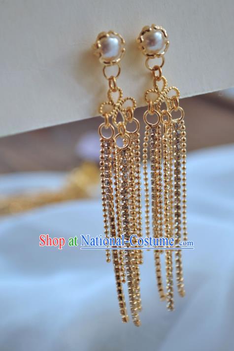 Chinese Traditional Hanfu Golden Tassel Earrings Ancient Princess Pearl Ear Accessories