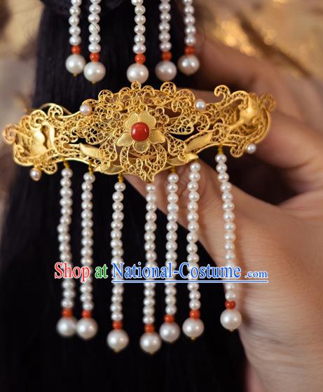 China Ancient Princess Pearls Tassel Hairpin Handmade Traditional Ming Dynasty Filigree Hair Stick