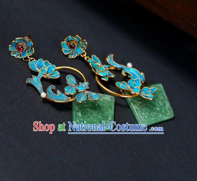 Chinese Handmade Jadeite Carving Ear Accessories Traditional Qing Dynasty Cheongsam Earrings