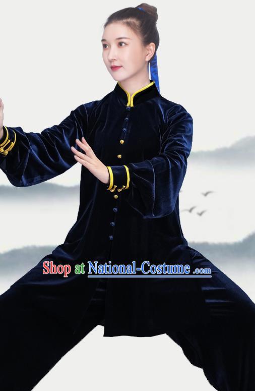 China Tai Chi Training Costumes Traditional Kung Fu Navy Velvet Uniforms Martial Arts Clothing