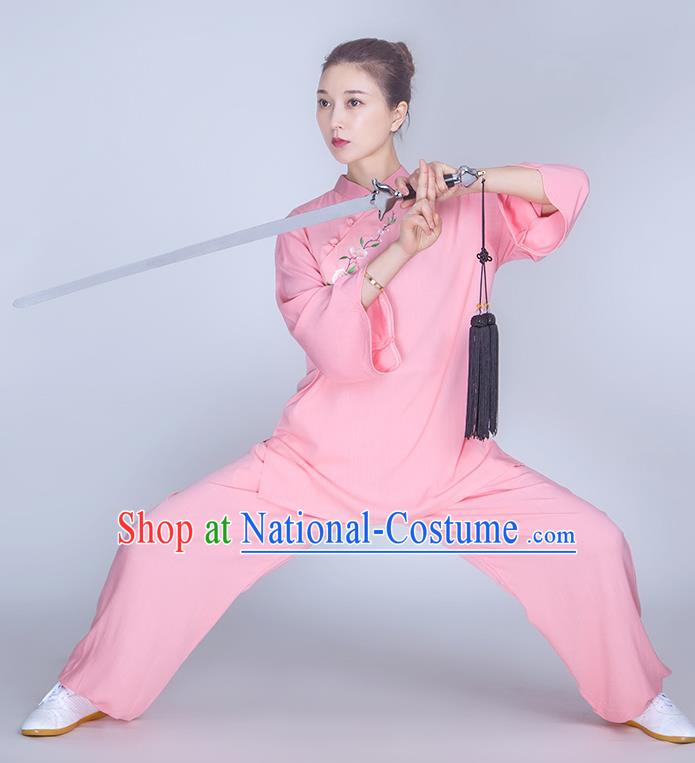 China Martial Arts Embroidered Clothing Traditional Tai Chi Training Costume Kung Fu Pink Flax Uniforms