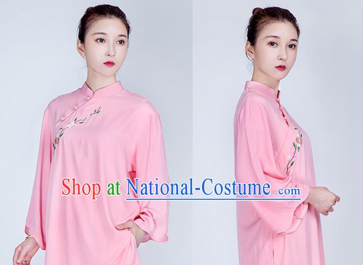 China Martial Arts Embroidered Clothing Traditional Tai Chi Training Costume Kung Fu Pink Flax Uniforms