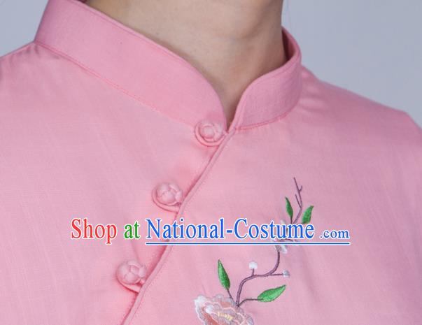 China Martial Arts Embroidered Clothing Traditional Tai Chi Training Costume Kung Fu Pink Flax Uniforms