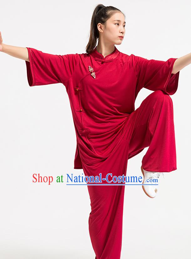 China Kung Fu Wine Red Uniforms Summer Tai Chi Training Costume Traditional Martial Arts Clothing