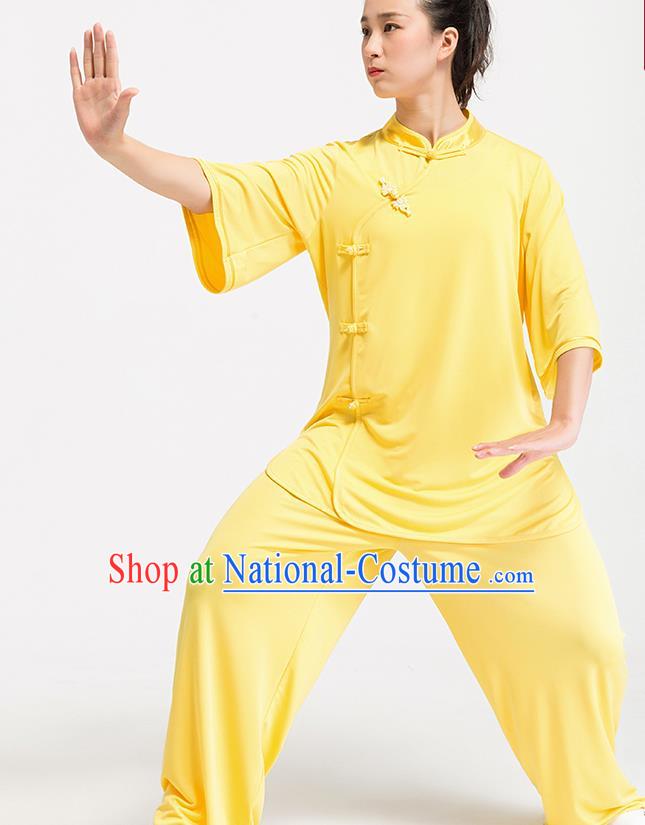 China Traditional Martial Arts Clothing Kung Fu Yellow Uniforms Summer Tai Chi Training Costume