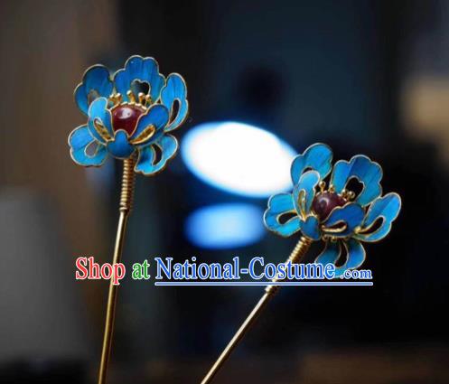 Chinese Handmade Peony Hairpin Traditional Hair Jewelry Ancient Ming Dynasty Court Woman Ruby Hair Stick